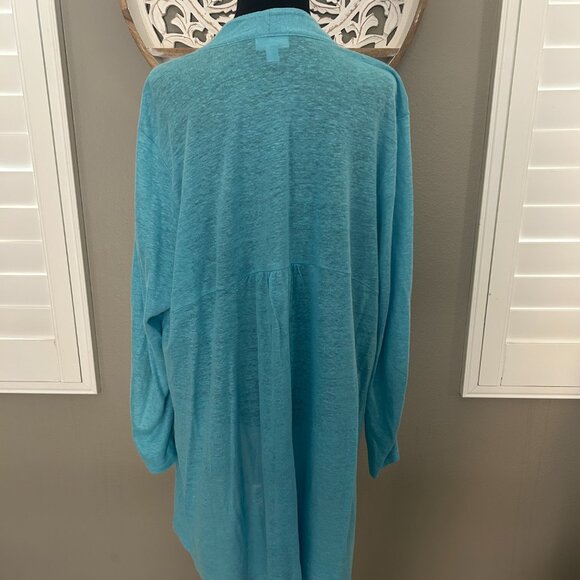 J Jill Open Front Cardigan Sweater Duster Long Linen Aqua Blue SZL Everyday Wear - Picture 2 of 7